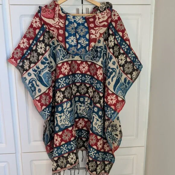 Elephant Print Woven Hooded Boho Poncho | Festival Artwear Fringe Beach Layer - Picture 9 of 14